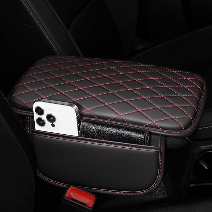 YORKNEIC Center Console Cover Fit for Ford EcoSport: Middle Console Cover with 2 Storage Pocket,Faux Leather Waterproof Anti-Scratch Car Armrest Cover Protector(Black&Redline)