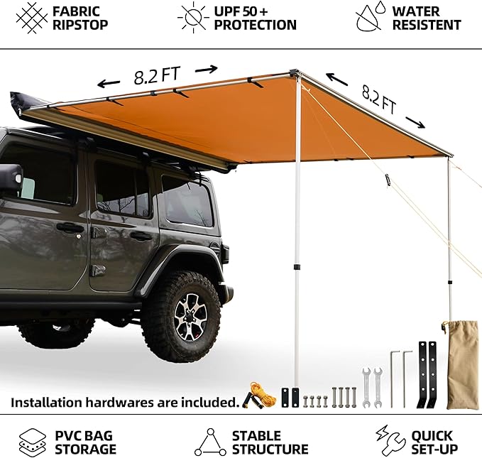 Vehicle Awning, 8.2ft x 8.2ft, Rooftop Pullout Ripstop UPF50+ Side Awning, Reinforced Hinges & Poles for Jeep/SUV/Truck/Van