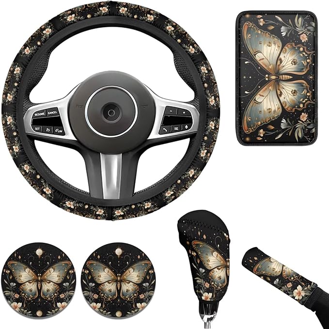 Flower Car Accessories 6 Pcs Sets Butterfly Car Steering Wheel Cars Interior Decor Handbrake Cover Cup Coaster Fit for SUV Truck Vans