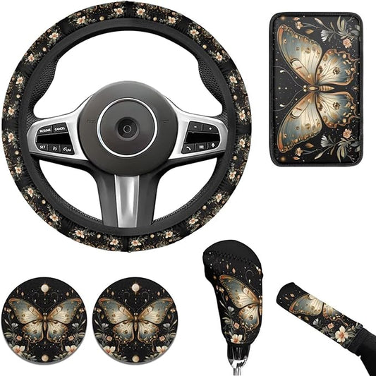 Flower Car Accessories 6 Pcs Sets Butterfly Car Steering Wheel Cars Interior Decor Handbrake Cover Cup Coaster Fit for SUV Truck Vans