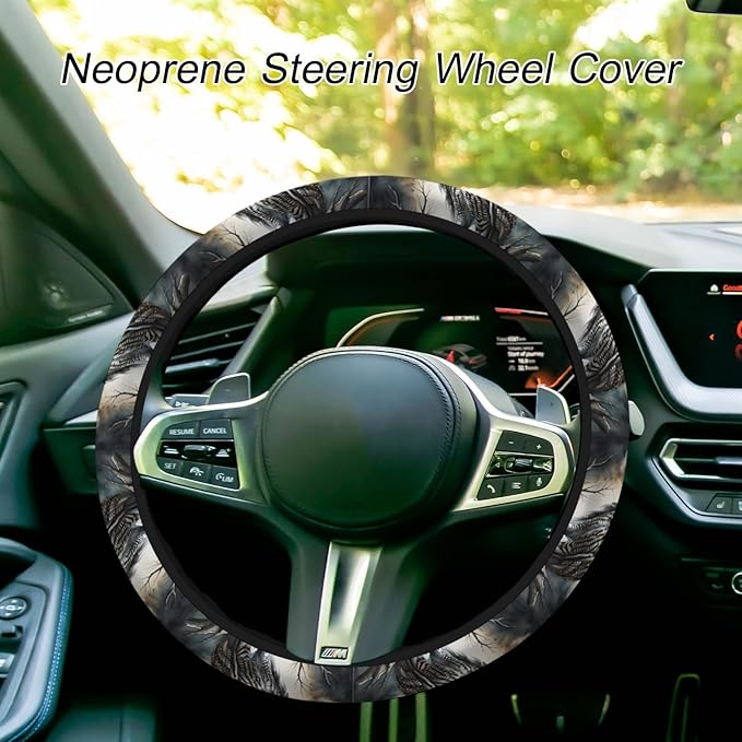 Owl Steering Wheel Covers Women Men Brown Feather Owl Misty Forest Wood Bird Universal Steering Wheel Cover for Women Men Car Accessories Elastic Stretch Steering Wheel Cover for Truck Auto