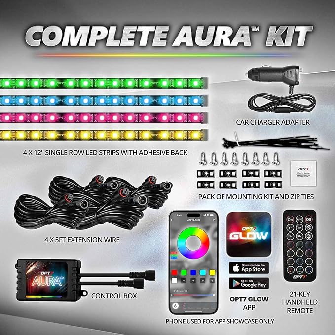 OPT7 Aura Pro Interior Car Lights with App & Remote Control, RGB Color Change, Music Sync Inside Ambient Lighting Kit, Car SUV Van Under Dash Decor, 12V Charger Adapter, 4PC Single Row LED Strip