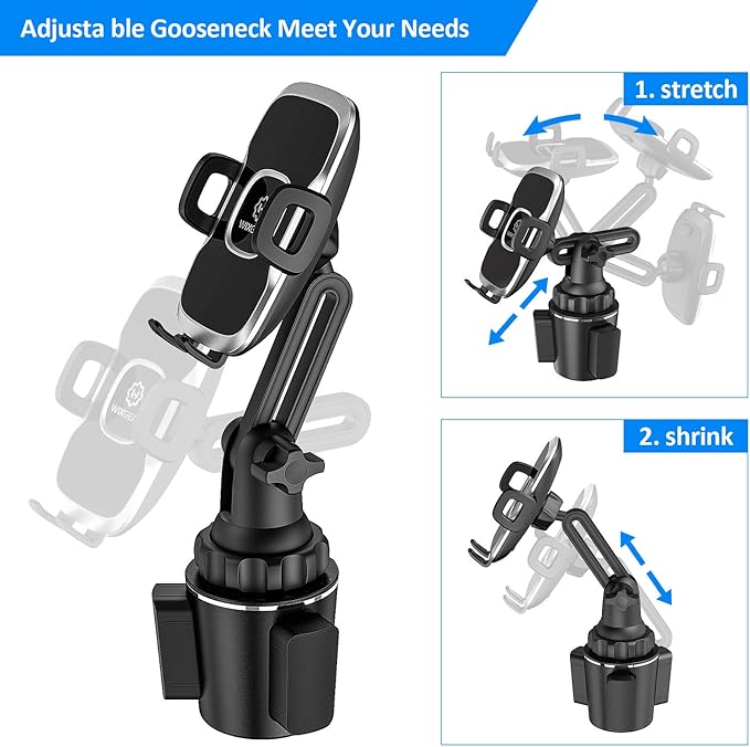 WixGear Cup Holder Phone Mount, Adjustable Long Neck Cellphone Holder for Car, Upgraded Version, Cup Phone Holder for Car with Expandable Side Arms, Compatible with iPhone Samsung Google & All Phones