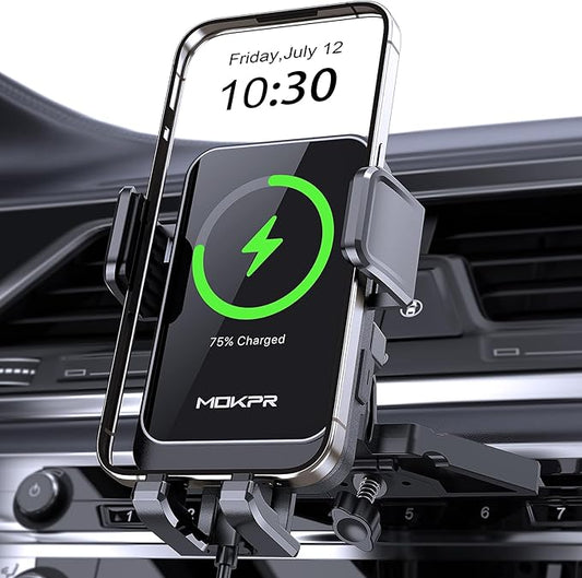 Wireless Car Charger, MOKPR 15W Fast Charging Auto Clamping CD Slot Air Vent Car Phone Holder with LED Light Car Charger for iPhone 16/15/14/13/12 Pro Max Plus, Samsung S23/S22/S21,etc