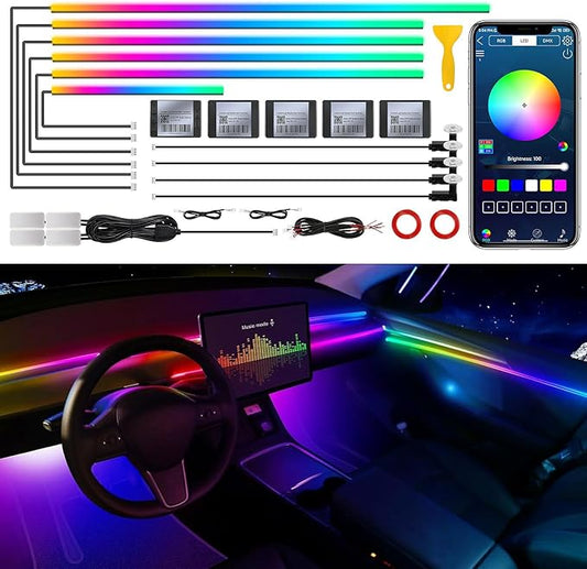 Dreamcolor Acrylic Interior Car LED Strip Light with Wireless APP, RGB 14 in 1 with 175 inches 593 Neon Car Ambient Lighting Kits, Dynamic Chasing Music Sync LEDs Fiber Optic Strip Lights for Car