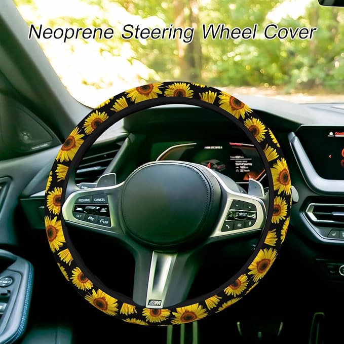 Sunflower Steering Wheel Cover - Yellow Flower Petal Bloom Boho Elastic Universal 15 Inch for Trucks, Auto, Vans