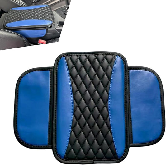Car Center Console Cover, Patchwork Leather Armrest Cover Cushion with 2 Storage Bag, Waterproof Comfortable Auto Arm Rest Pad, Universal Center Console Protector for Sedan, SUV (Blue)