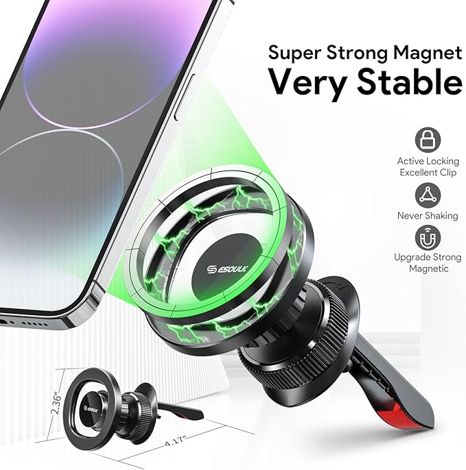 Esoulk Magnetic Car Phone Mount – Compact Air Vent Clip Holder with Strong Magnet, 360° Rotation, One-Touch Snap, Hands-Free Use – Universal for iPhone 17 16 15 14 13 Pro Max, Samsung, Google Pixel