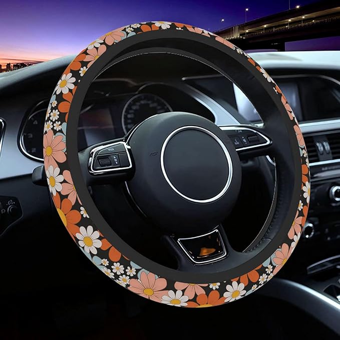 Steering Wheel Cover, Retro Flower Daisy Steering Wheel Cover for Women Men Anti-Slip Breathable and Sweat Absorption Universal 15 Inch Steering Wheel Protector Daisy Car Accessories