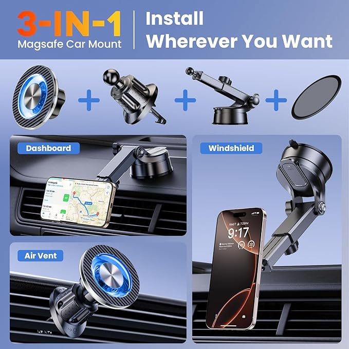 for MagSafe Magnetic Phone Holder for Car [2025 Upgraded Strongest Magnet] Car Mount Cell Stand for Dashboard Windshield Vent Compatible with iPhone 17/16/15/14/13/12 Android etc-Black
