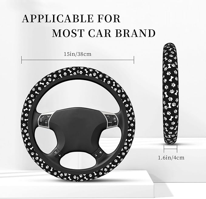 Dog Paw Print Steering Wheel Cover for Women Girls, 15 Inches Anti-Slip Steering Wheel Cover for Auto Truck SUV