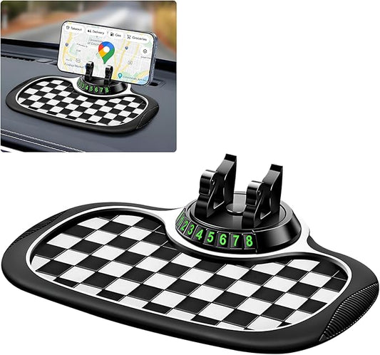 Wuyaoyao Multifunction Car Anti-Slip Mat Auto Phone Holder, PVC Car Dashboard Non-Slip Pad Phone Mount with Temporary Parking Number, Automotive Sticky Dash Pad for Phones, Keys, Gadgets (Black+White)
