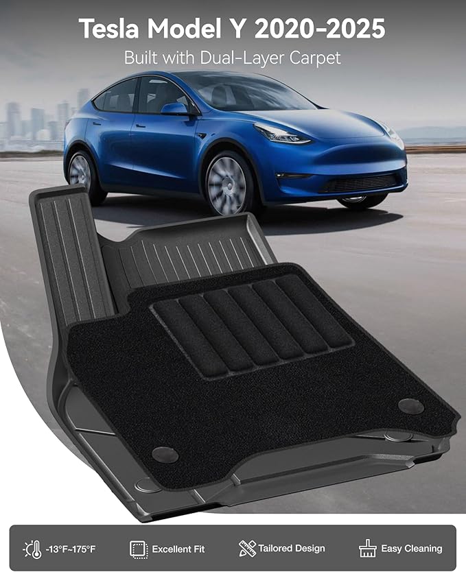 3W Floor Mats with Front Carpet on TOP Fit for Tesla Model Y 2020-2025 All-Weather TPE Full Set Floor Liners and Cargo Liner Mats Accseeories Custom Fit for Model Y 5-Seat(Not for Juniper)