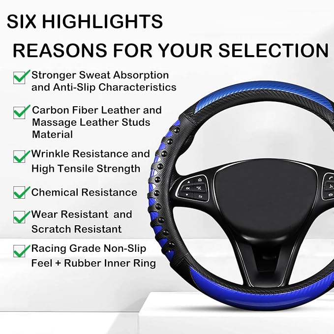 3D Massage Blue Carbon Fiber Leather Steering Wheel Cover, 14.5-15 Inch Non-Slip Breathable Microfiber Car Steering Wheel Protector