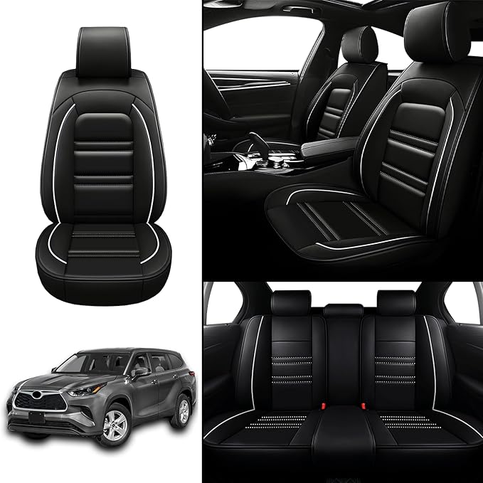 Seat Covers for Toyota Highlander 2001-2025 | 5-Seats Leather Seat Covers, Easy to Install Automotive Seat Covers Full Set (Full Set, Black&White Line)