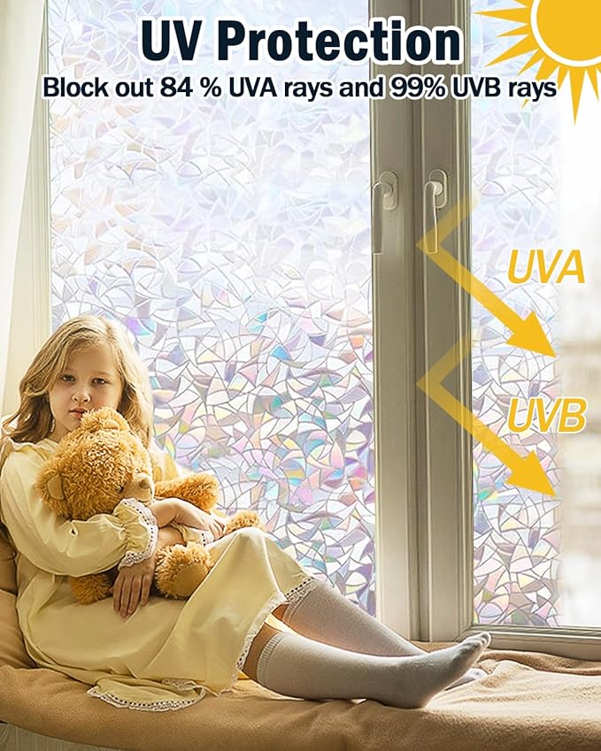 Rainbow Window Privacy Film with Installation Tools, 3D Decorative Vinyl, Stained Glass Decals, Removable, Peep-Proof, Static Cling, Heat Control (29.5 x 78.7 Inch)