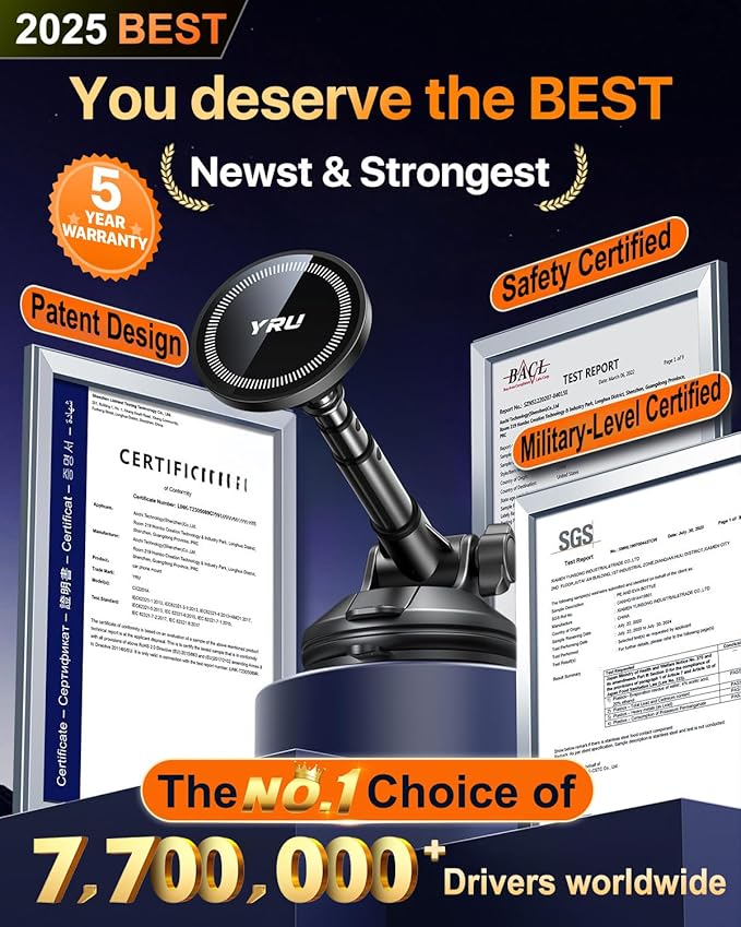 YRU [2025 Upgraded] Magnetic Phone Holder for Car【Patented & Super Magnet】for MagSafe Car Mount Dashboard Magnet Phone Holder Windshield Phone Stand for iPhone 17 16 15 14 13 12 Pro Max Samsung, Black