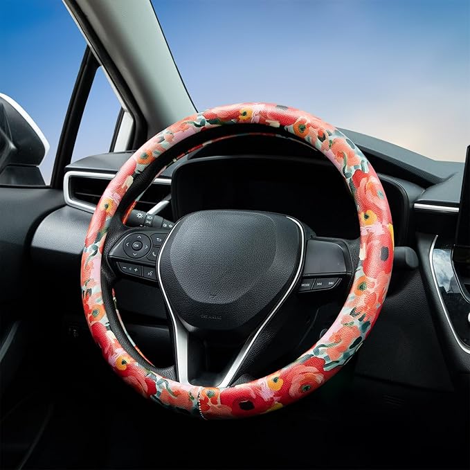 Poppy Coral Pink Flowers Steering Wheel Cover Auto Jacquard Steering Wheel Protector, Anti-Slip, Breathable, Absorbing Sweat, Universal Car Accessories 14.5–15 inch,Fit for Most Car, Trucks, SUV