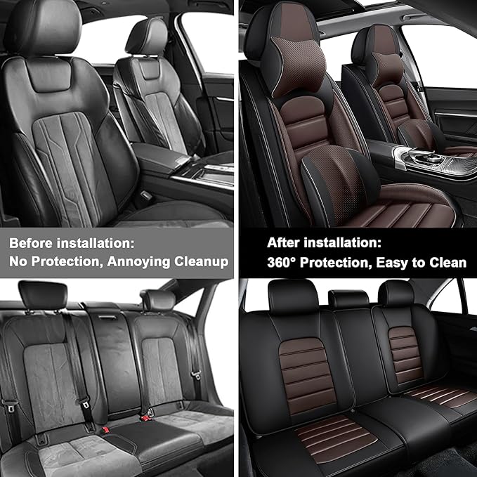 5 Car Seat Covers for Toyota RAV4 2000-2026 Breathable Leather,Waterproof Car Seat Protectors with Comfort Headrest Pillows,Automotive Vehicle Cushion with Storage Pockets (Luxury,Brown)