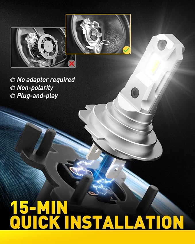 AUXITO H7 LED Bulbs, 500％ Brighter 6500K White, 1:1 Mini Size No Adapter Required Easy install, H7ll Fanless LED Kit Fog Lights