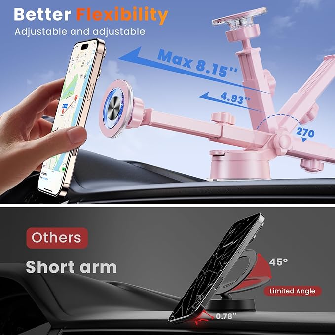 for MagSafe Magnetic Car Phone Holder [2025 Upgraded Strongest Magnet] Car Mount Suction Cell Stand for Dashboard Windshield Vent Compatible with iPhone 16/15/14/13/12/11 Android etc-Pink