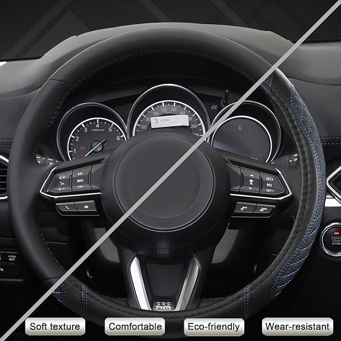 West Llama Microfiber Leather Car Steering Wheel Cover Universal Fit 15-15.5 inch SUV,Sedan,Car,Trucks(Black+Blue Line-M-Large Size)