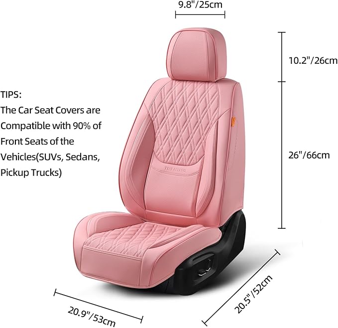 Pink Car Seat Covers Front Pair, Breathable Leather Automotive Front Seat Covers with Headrest, Universal Automotive Vehicle Seat Cover for Most Sedan SUV Pick-up Trucks