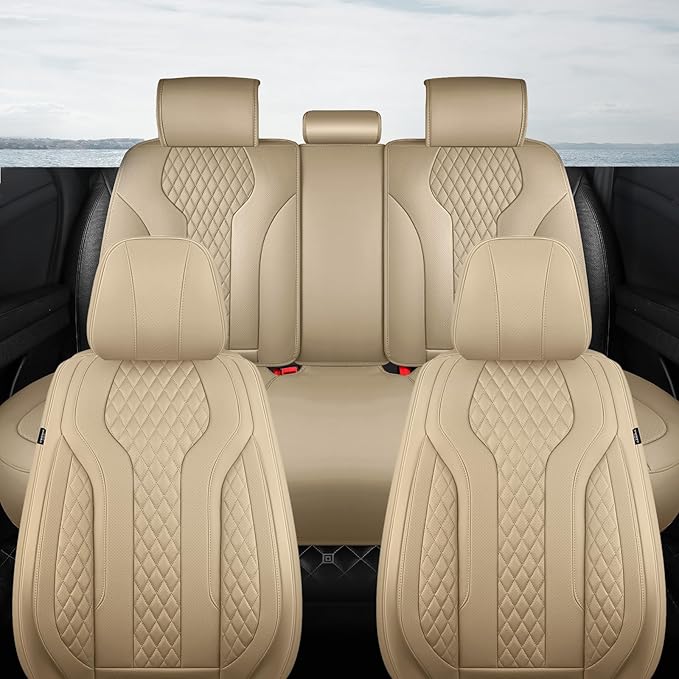 Leather Car Seat Covers - Breathable Faux Leather Seat Covers Full Set for Cars SUV Sedan - Waterproof - Beige