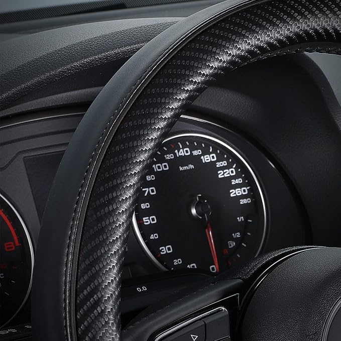 SEG Direct Car Steering Wheel Cover Small-Size for Prius Civic Model 3 Model Y Camaro Rogue with 14"-14 1/4" Outer Diameter Leather with Carbon Fiber Pattern Black
