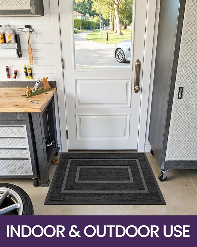 DEXI Front Door Mat Outside Entrance, Heavy Duty Rubber Backed Doormat, Stain and Fade Resistant, Low-Profile Easy Clean Entryway Floor Mats, 17x29, Rectangles Black