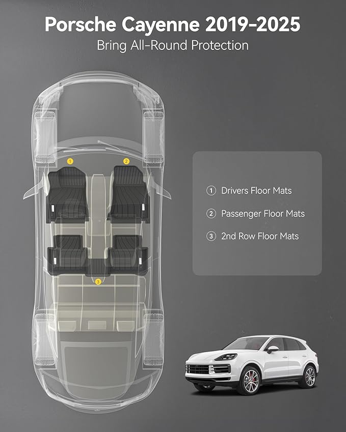 3W Floor Mats Fit Porsche Cayenne 2019-2024 2025 (5 PCS), TPE All Weather Custom Fit Floor Liner for Porsche Cayenne 1st and 2nd Row 5 PCS Car Mats, Black