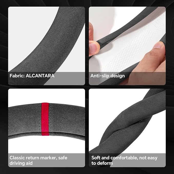 Alcantara Sports Steering Wheel Cover 14.5" to 15" Fit - Anti-Slip Comfort Grip, Durable Soft Suede-Feel Luxury Material for Men Drivers | Fits Sports Cars, Luxury Cars, Sedans, SUVs and EV