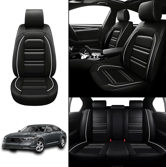 Seat Covers for Honda Accord 2003-2025 | 5-Seats Leather Seat Covers, Easy to Install Automotive Seat Covers Full Set (Full Set, Black&White Line)