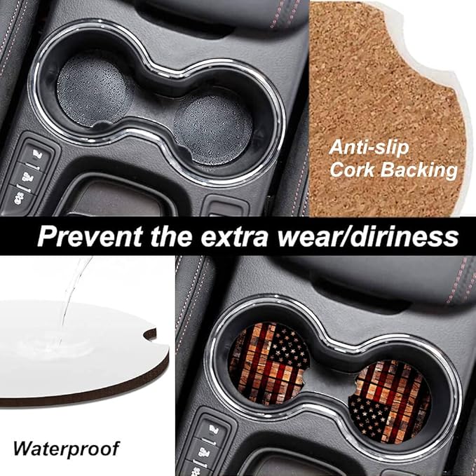 Old Wood USA Flag Absorbent Cup Holders Car Coasters,Ceramic Stone Drinks Coaster Set for Women Man 2.56"(2 Pack)