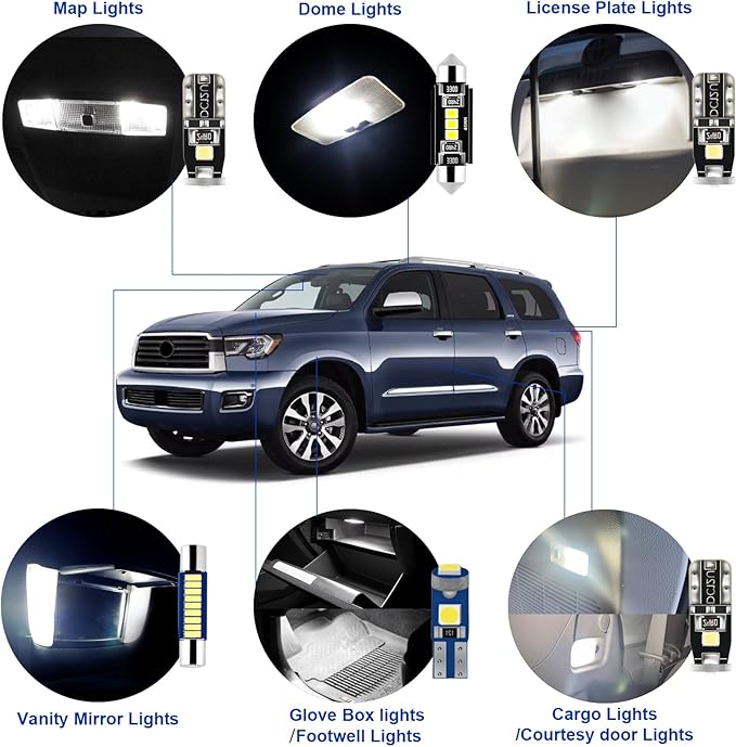 EASY EAGLE LED Interior Car Lights for Toyota-Sequoia-2008-2021: 20 Piece Kit White LED Light Bulbs - Super Bright 6000K + Install Tool