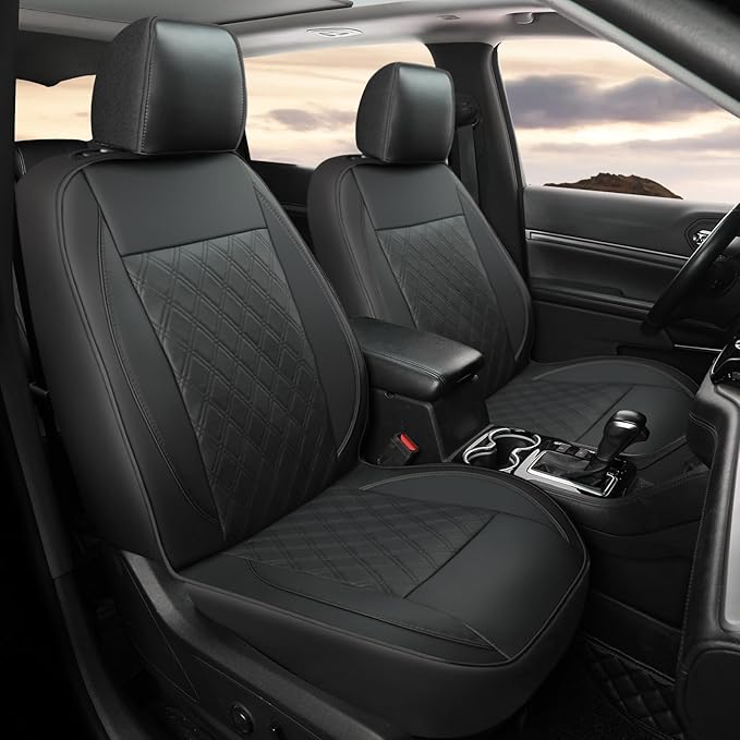 GIANT PANDA Front Car Seat Cover for Jeep, Piping Leather Bucket Seat Covers Custom Fit Jeep Grand Cherokee Wrangler Compass Gladiator Wagoneer Renegade Liberty Patriot (Black)