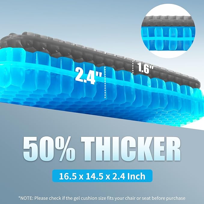 Gel Seat Cushion for Long Sitting - 16.5" x 14.5" x 2.4" (Extra Thick＆Soft) Gel Cushion for People Over 185 lbs, Pressure Relief Cushion for Office Chair, Egg Cushions for Wheelchair, Gel Pad for Car