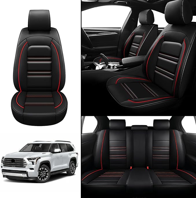 Seat Covers for Toyota Sequoia 2008-2025 | 5-Seats Leather Seat Covers, Easy to Install Automotive Seat Covers Full Set (Full Set, Black&Red Line)