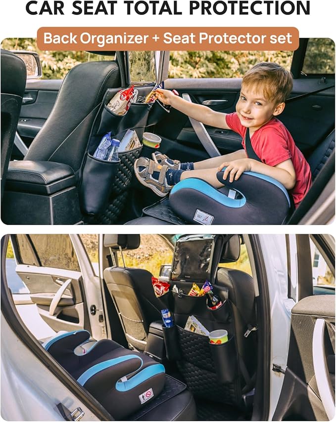 Owleys Black Car Seat Set: Backseat Organizers & Waterproof Protector for Child Seats Toy Storage in Black, Brown, Tan Guard Against Dirt, Scratches, Stains on Leather