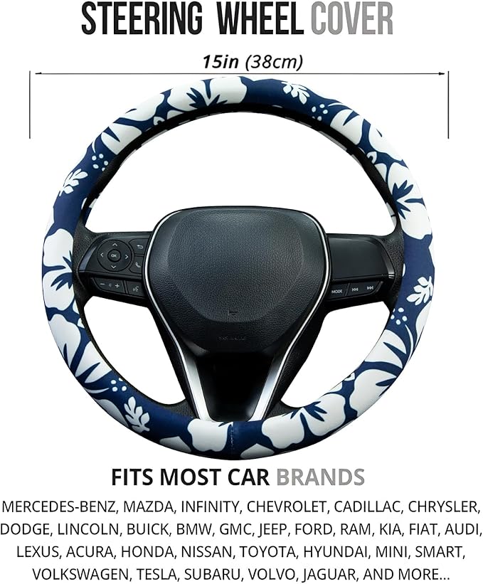White Hibiscus Hawaii Steering Wheel Cover Auto Steering Wheel Protector, Anti-Slip, Breathable, Absorbing Sweat, Universal Floral Car Accessories 14.5–15 inch