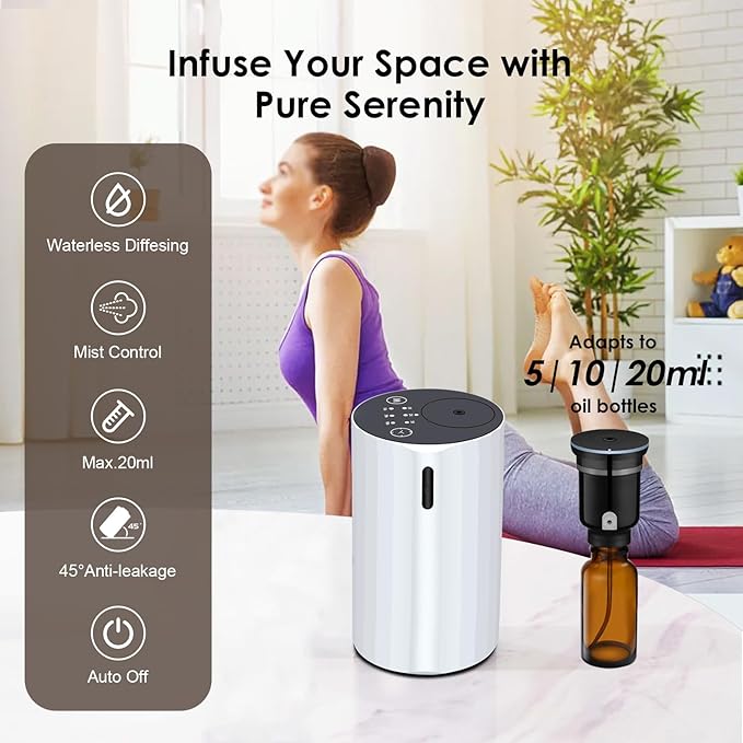 Waterless Essential Oil Diffuser Aromatherapy Scent Diffusers for Home Large Room, Bedroom, Car, Office, Desk, Battery Operated Mini Portable Air Freshener (White-2)