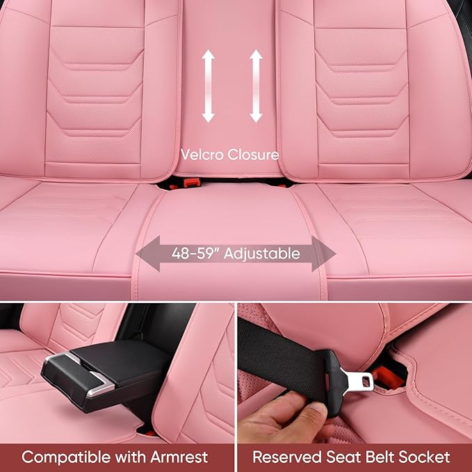 Pink Car Seat Covers Full Set, Breathable Leather Automotive Front and Rear Seat Covers with Headrest, Waterproof Auto Seat Protectors Fit for Most Sedans SUV Pick-up Truck