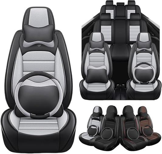 Seat Covers Fit for Acura MDX 2001-2025, 7 Seat, Compatible Airbag Non-Slip Waterproof Leather Seat Cover, Luxury Interior Full Set with Pillow Steering Wheel Covers, Black Gray