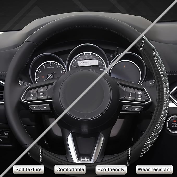 West Llama Microfiber Leather Car Steering Wheel Cover Universal Fit 15-15.5 inch SUV,Sedan,Car,Trucks(Black+Gray Line-M-Large Size)