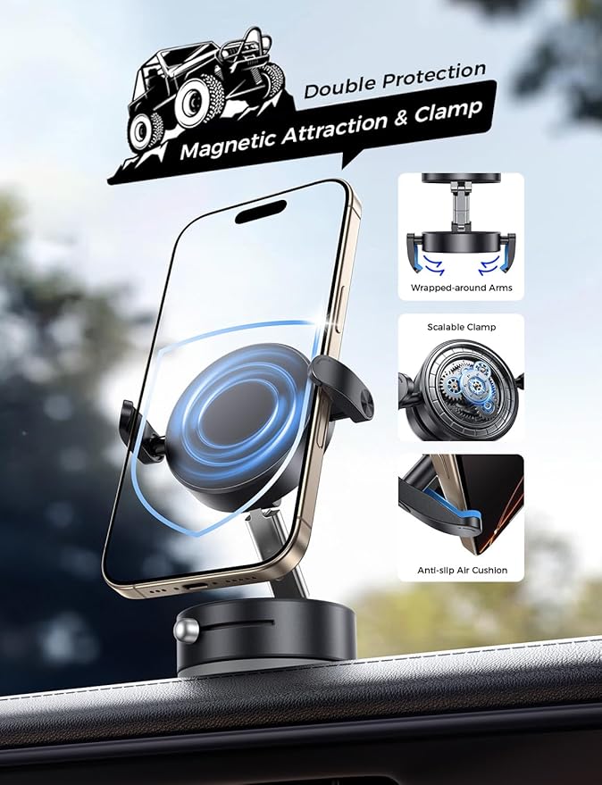 MAGIC JOHN Upgrade Ultra Magnetic Phone Holders for Your Car, Foldable Car Phone Holder Mount for Dashboard, 360° Rotatable Magnetic Phone Holder for Car, Magnetic Car Mount for iPhone All Cell Phones