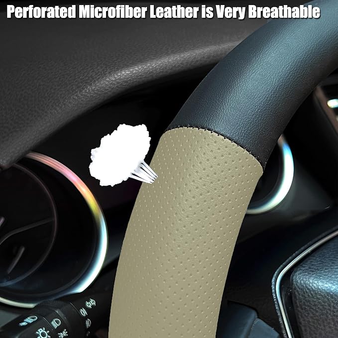 Steering Wheel Cover Standard Size 14.5-15 inch, Non-Slip Car Wheel Cover Protector, Breathable Microfiber Leather, Black and Beige