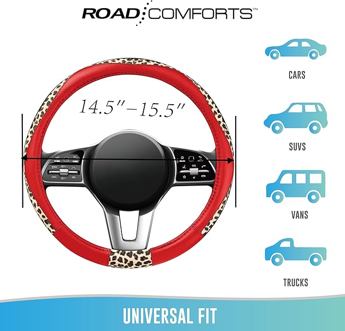 Road Comforts Steering Wheel Cover - Made with PVC Leather and Leopard Fabric - Universal 14 1/2 inches to 15 inches for Most Automotive Steering Wheel - Cheetah Print -Red