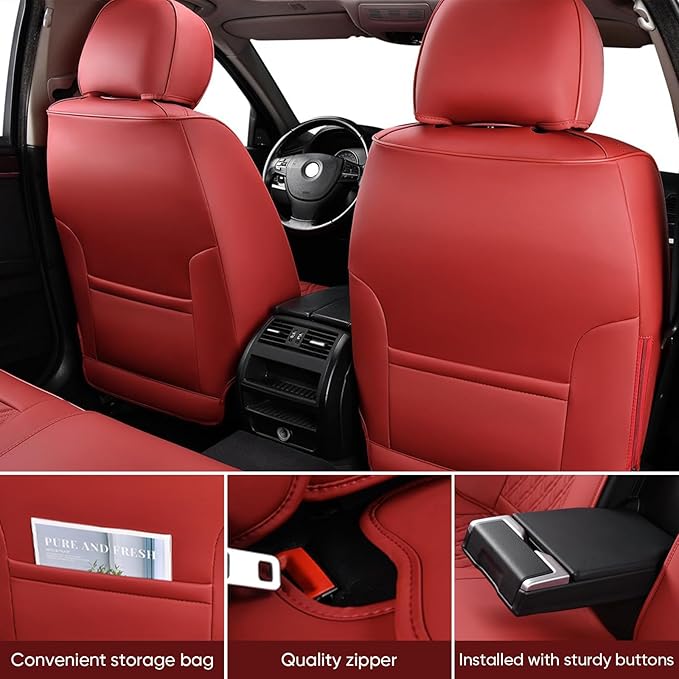 Auto Car Seat Covers Accessories Full Set Leather Cushion Protector Breathable Waterproof Seat Cover for Cars Universal Fit (Wine, Front Pair and Rear)