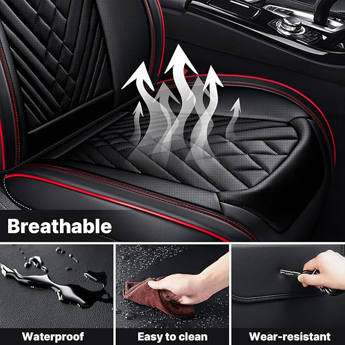 Seat Cover, Universal Leather Seat Covers for Cars, Front Auto Seat Cover, Wear-Resistant Car Seat Cushion, Waterproof Car Seat Protector Auto Vehicle Seat Cover(2 Seat,Black&Red)
