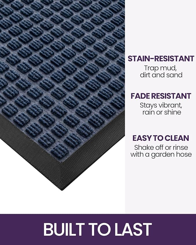 DEXI Front Door Mat Outside Entrance, Rubber Entry Doormat Heavy Duty, Welcome Mats Non Slip for Inside House Floor Entryway Back Doors Exterior Patio, 17x29 Squares Blue